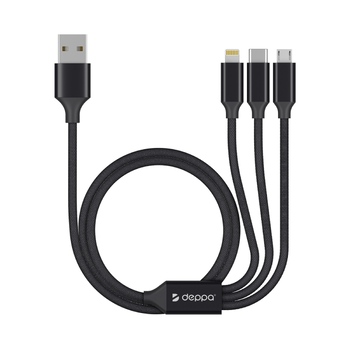 Дата-кабель 3 в 1: micro USB, USB-C, Ligthning, алюминий, 1.2м, черный, Deppa