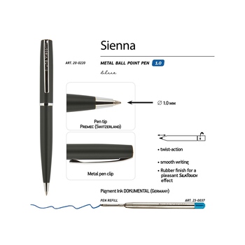 Ручка "Sienna" шариковая  автоматическая, черный металлический корпус soft-touch, 1.0 мм, синяя