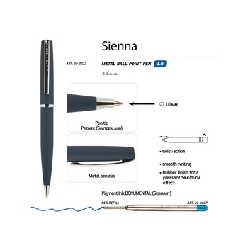 Ручка "Sienna" шариковая  автоматическая, синий металлический корпус soft-touch, 1.0 мм, синяя