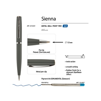 Ручка "Sienna" шариковая  автоматическая, серый металлический корпус soft-touch, 1.0 мм, синяя