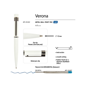 Ручка шариковая автоматическая BrunoVisconti "VERONA" цвет корпуса белый, soft-touch, 1 мм, синяя
