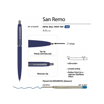 Ручка металлическая шариковая «San Remo», 1,0мм, синие чернила, ярко-синий
