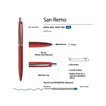 Ручка "SAN REMO" шариковая, автоматическая, красный  металлический корпус 1.00 мм, синяя