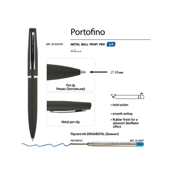 Ручка металлическая шариковая "Portofino", софт-тач, 1.0 мм, черный
