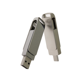 USB 2.0- флешка на 32 Гб поворотный механизм 2 в 1, c дополнительным разъемом Type-C с одноцветным металлическим клипом, серебристый