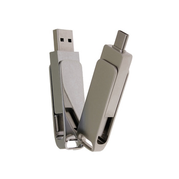USB 2.0- флешка на 32 Гб поворотный механизм 2 в 1, c дополнительным разъемом Type-C с одноцветным металлическим клипом, серебристый