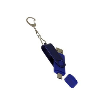 USB-флешка на 128 Гб 2 в 1 поворотный механизм, c дополнительным разъемом Type-C с одноцветным металлическим клипом, синий