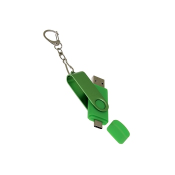 USB-флешка на 64 Гб 2 в 1 поворотный механизм, c дополнительным разъемом Type-C с одноцветным металлическим клипом, зеленый