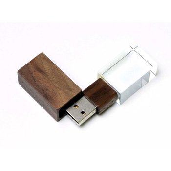 USB-флешка на 64 ГБ прямоугольной формы, под гравировку 3D логотипа, материал стекло, с деревянным колпачком красного цвета, зеленый