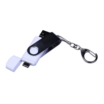 USB-флешка на 16 Гб поворотный механизм, c двумя дополнительными разъемами MicroUSB и TypeC, белый