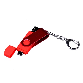 USB-флешка на 64 ГБ 3 в 1 поворотный механизм, c двумя дополнительными разъемами MicroUSB и TypeC C с одноцветным металлическим клипом, красный