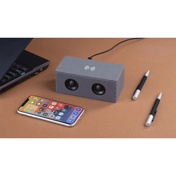 Bluetooth колонка "Cool Gray" с двумя динамиками (2х3Вт) и беспроводным зарядным устройством, переработанный пластик (RPET)