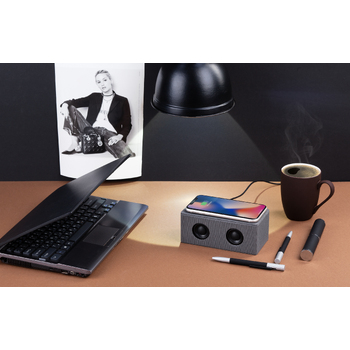Bluetooth колонка "Cool Gray" с двумя динамиками (2х3Вт) и беспроводным зарядным устройством, переработанный пластик (RPET)