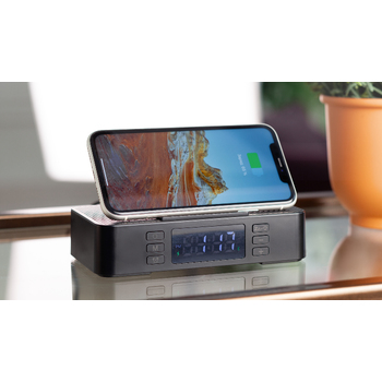 Настольные часы "Smart Box" с bluetooth колонкой (2х3Вт), беспроводным (15W) зарядным устройством и складной подставкой под смартфон