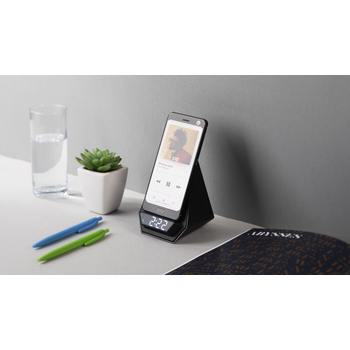 Настольная Bluetooth колонка (3Вт) "Smart Pyramid" с часами и беспроводным (15W) зарядным устройством, с подсветкой логотипа