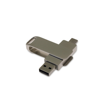 USB 2.0- флешка на 32 Гб поворотный механизм 2 в 1, c дополнительным разъемом Type-C с одноцветным металлическим клипом, серый