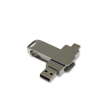 USB 2.0- флешка на 64 Гб поворотный механизм 2 в 1, c дополнительным разъемом Type-C с одноцветным металлическим клипом, серебристый