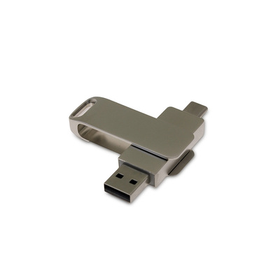 USB 2.0- флешка на 16 Гб поворотный механизм 2 в 1, c дополнительным разъемом Type-C с одноцветным металлическим клипом, серый