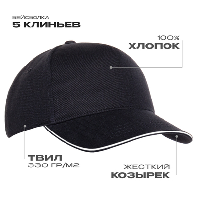 Бейсболка с кантом STAN 5 клиньев хлопок 330, 04, Чёрный,  (20)  (56-58)
