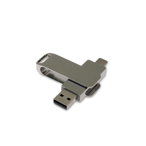USB 3.0- флешка на 128 Гб поворотный механизм 2 в 1, c дополнительным разъемом Type-C с одноцветным металлическим клипом, серебристый